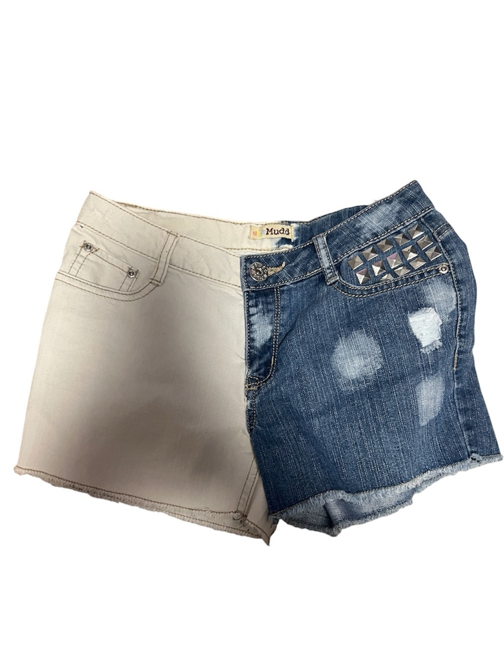 Girls Sz 14 distressed multi color two toned jean shorts embellished studs .